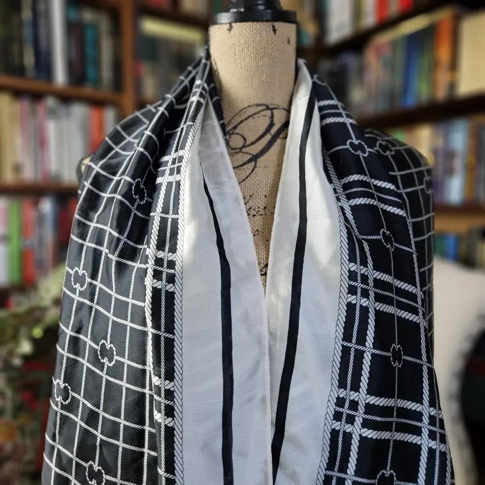 Oversized Scarf 100%‎ Silk Wrap Shawl Designer Style Black Nautical Gift 70x35
